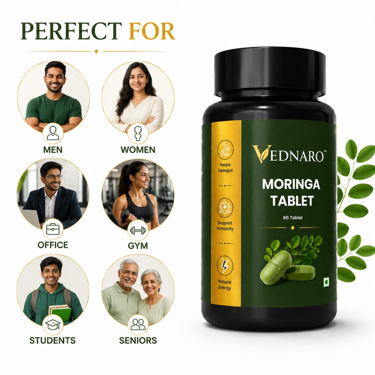VEDNARO Moringa Tablets 60 Count | Herbal Supplement for Daily Wellness | Plant-Based Moringa Leaf Tablets | Supports Energy & Immunity