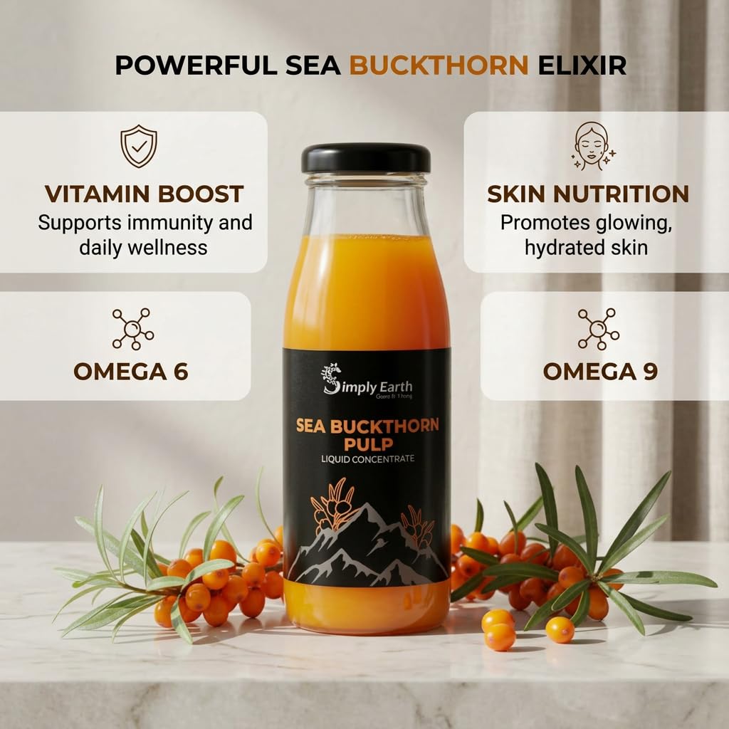 Simply Earth Sea Buckthorn Pulp Liquid Concentrate, Natural Fruit Juice | Omega 3-6-7-9 & Vitamin C, for Immunity, Skin & Heart Health - 300ML (Pack of 1)