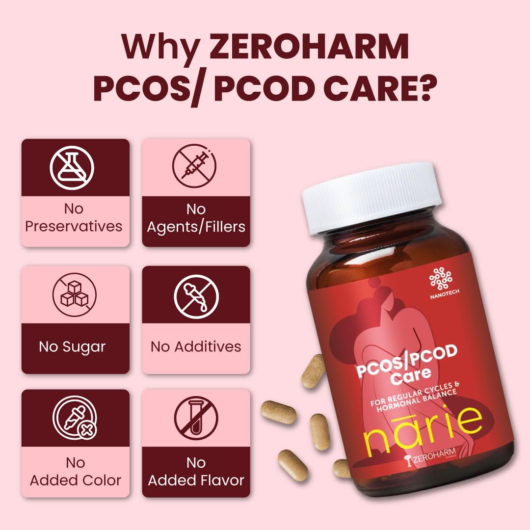 ZEROHARM Narie PCOS/PCOD Supplement for Women | Shatavari, Ashwagandha | Natural Hormone Balance & Mood Support | Helps with Regular Periods, Weight Management, Facial Hair & Acne | 60 Nano Tablets