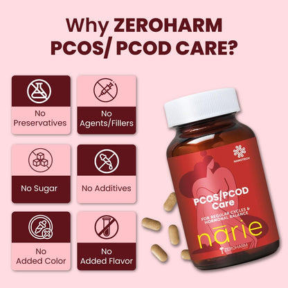 ZEROHARM Narie PCOS/PCOD Supplement for Women | Shatavari, Ashwagandha | Natural Hormone Balance & Mood Support | Helps with Regular Periods, Weight Management, Facial Hair & Acne | 60 Nano Tablets