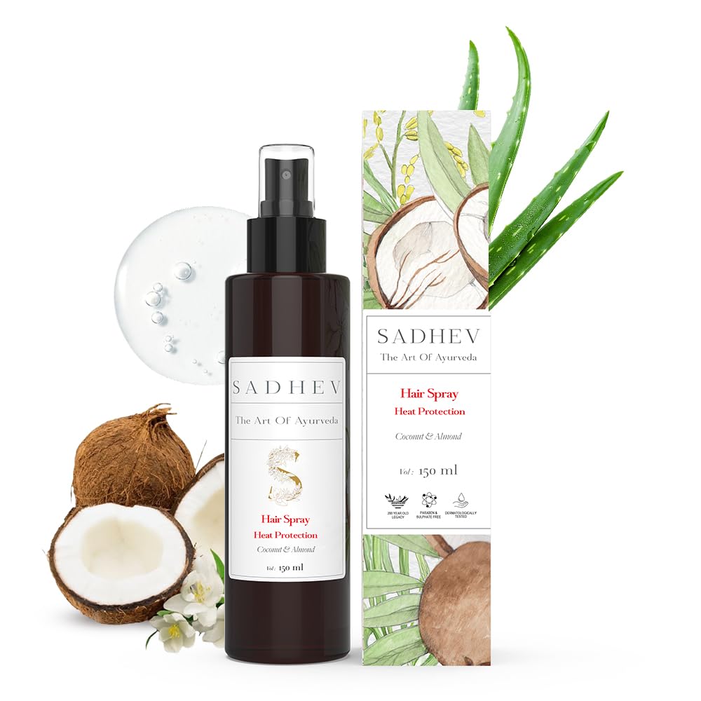 Sadhev Ayurvedic Heat Protection Hair Spray | Shields from Heat Damage | Enriched with Coconut & Almond | Prevents Breakage & Frizz | For All Hair Types (150ml)