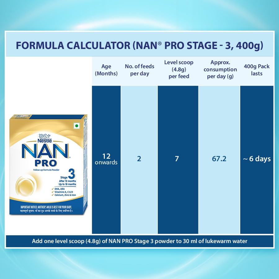 Nestlé NAN PRO 3 Follow-Up Formula-Powder After 12 months, Up to 18 months, Stage 3, 400g Pouch in Box
