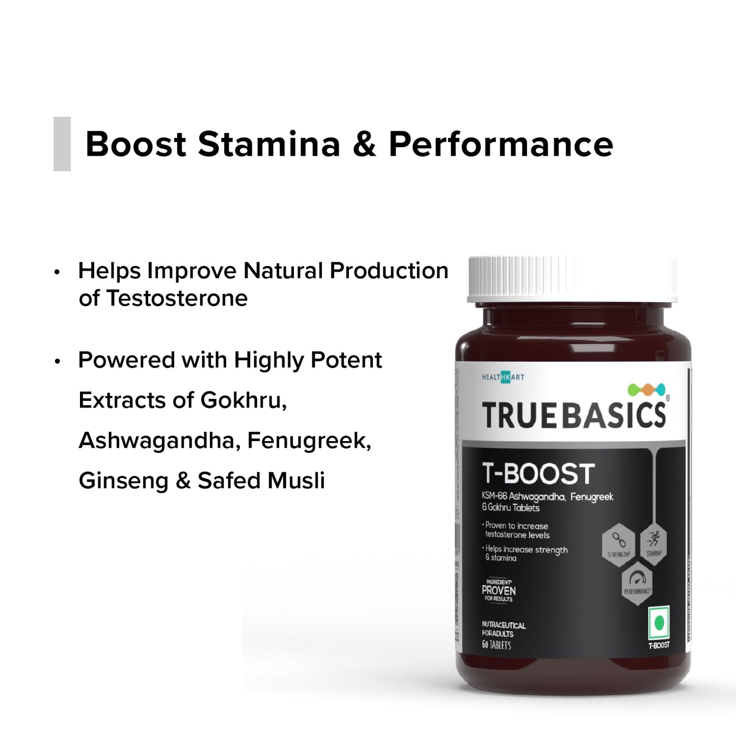 TrueBasics T-Boost supplement bottle with text on a white background