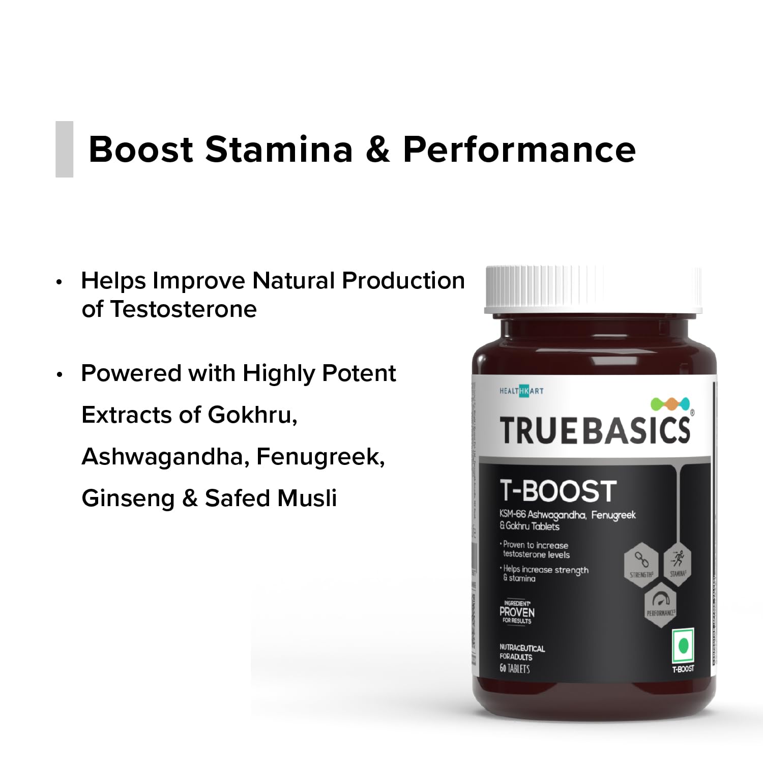 TrueBasics T-Boost supplement bottle with text on a white background