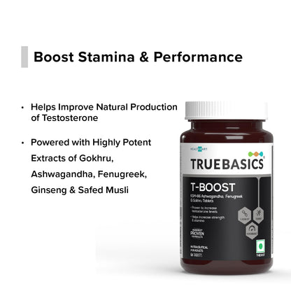 TrueBasics T-Boost supplement bottle with text on a white background