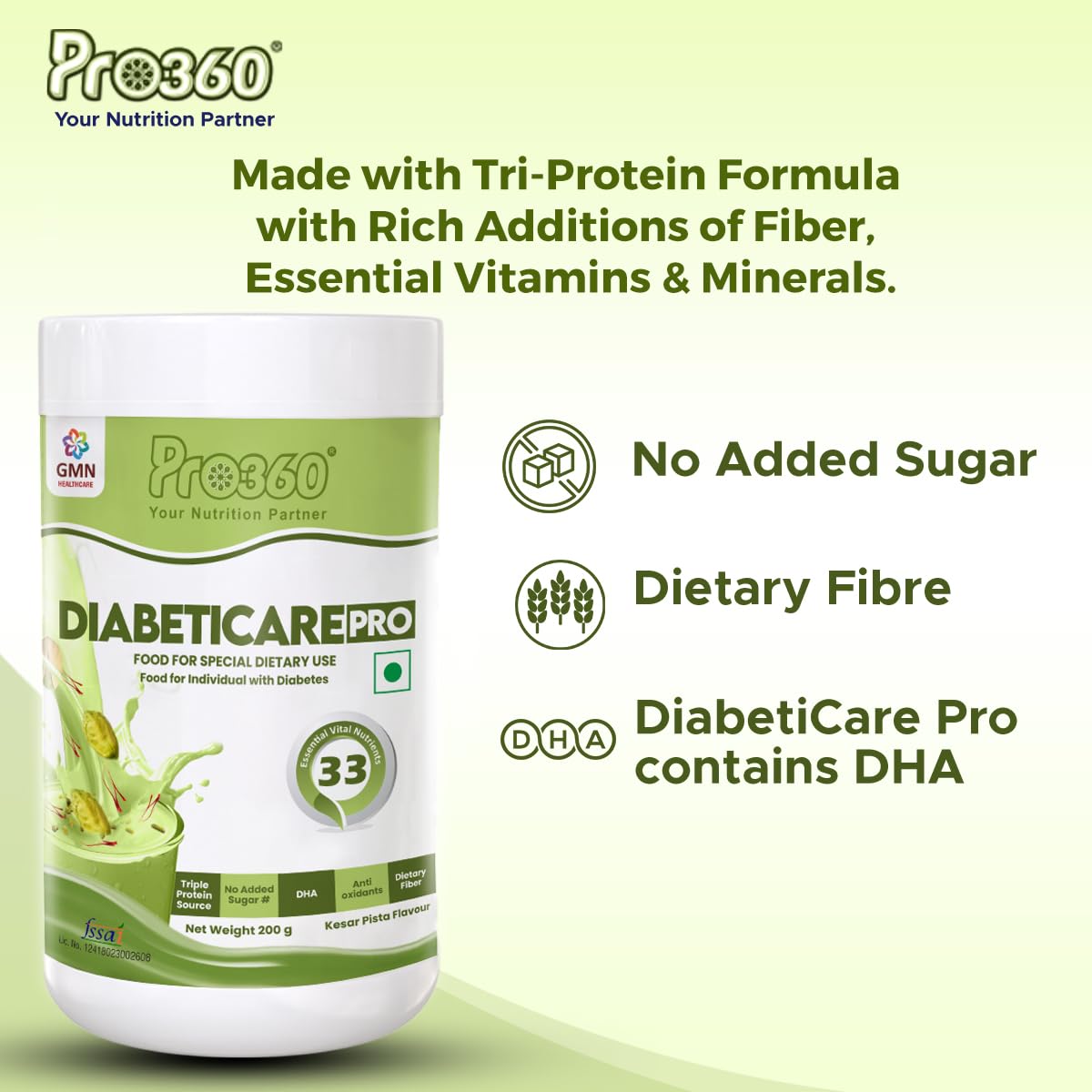 Pro360 Diabetic Care Protein Supplement Powder for Dietary Management of People With Diabetes - Helps in Managing Blood Glucose - No Added Sugar - Kesar Pista Flavor - 200g