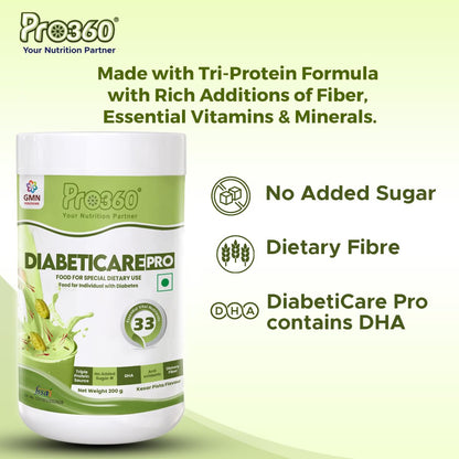 Pro360 Diabetic Care Protein Supplement Powder for Dietary Management of People With Diabetes - Helps in Managing Blood Glucose - No Added Sugar - Kesar Pista Flavor - 200g