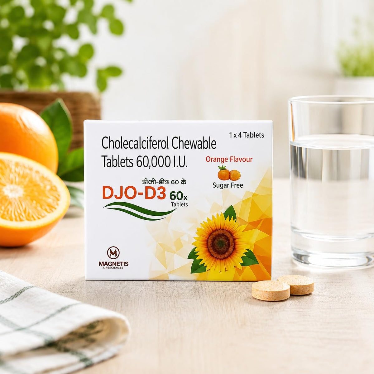DJO-D3 60k Vitamin D3 Chewable Tablets | Cholecalciferol 60000 IU | Sugar Free Orange Flavour | Vitamin D3 Supplement for Men and Women | 4 Tablets