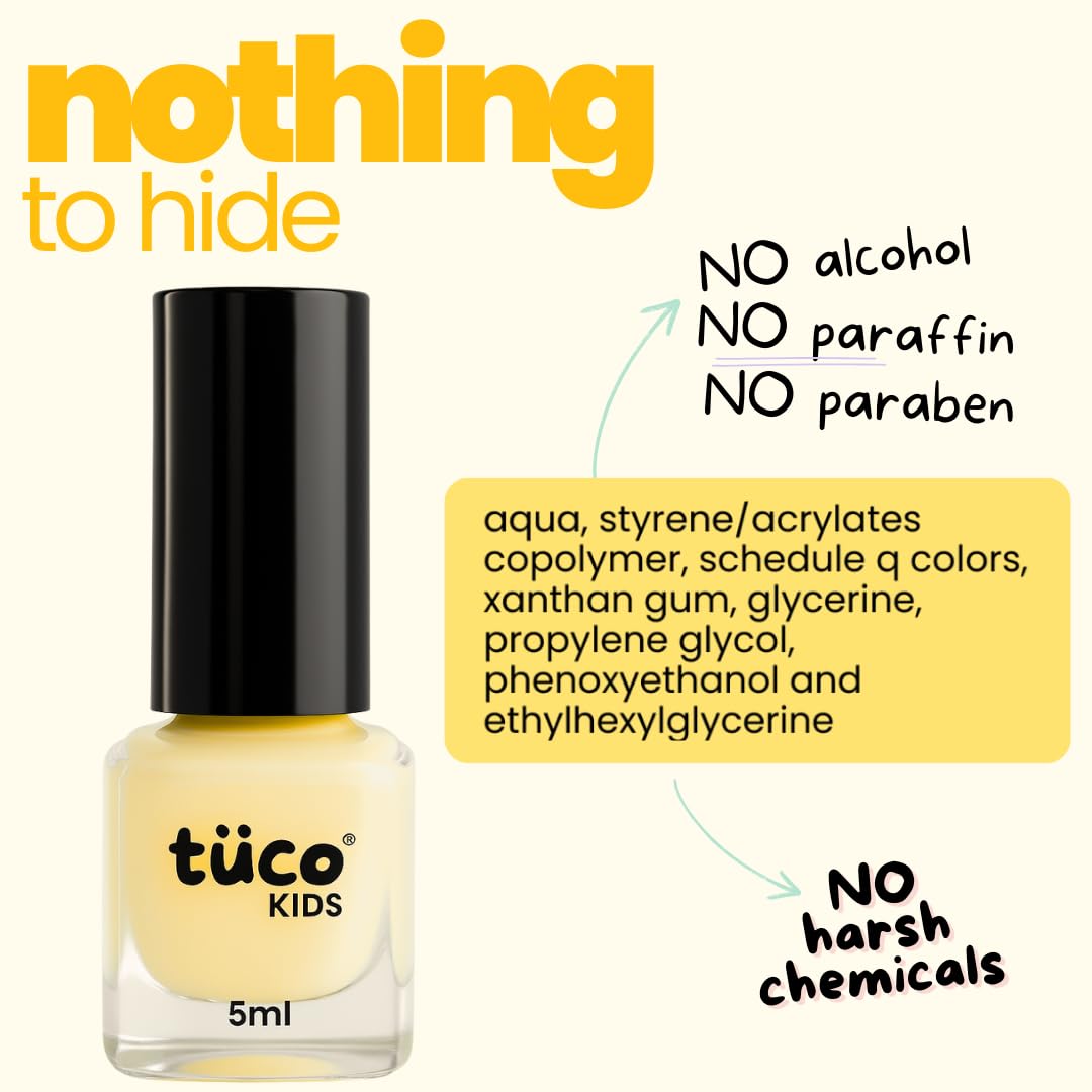 Tuco® Kids Water Based Safe Nail Polish for girls | Easy to Peel Off, Non Toxic, Natural & Safe for Kids | Play Safe with Chemical Free Nails for Daughters | Pack of 1x5ml | Yellow