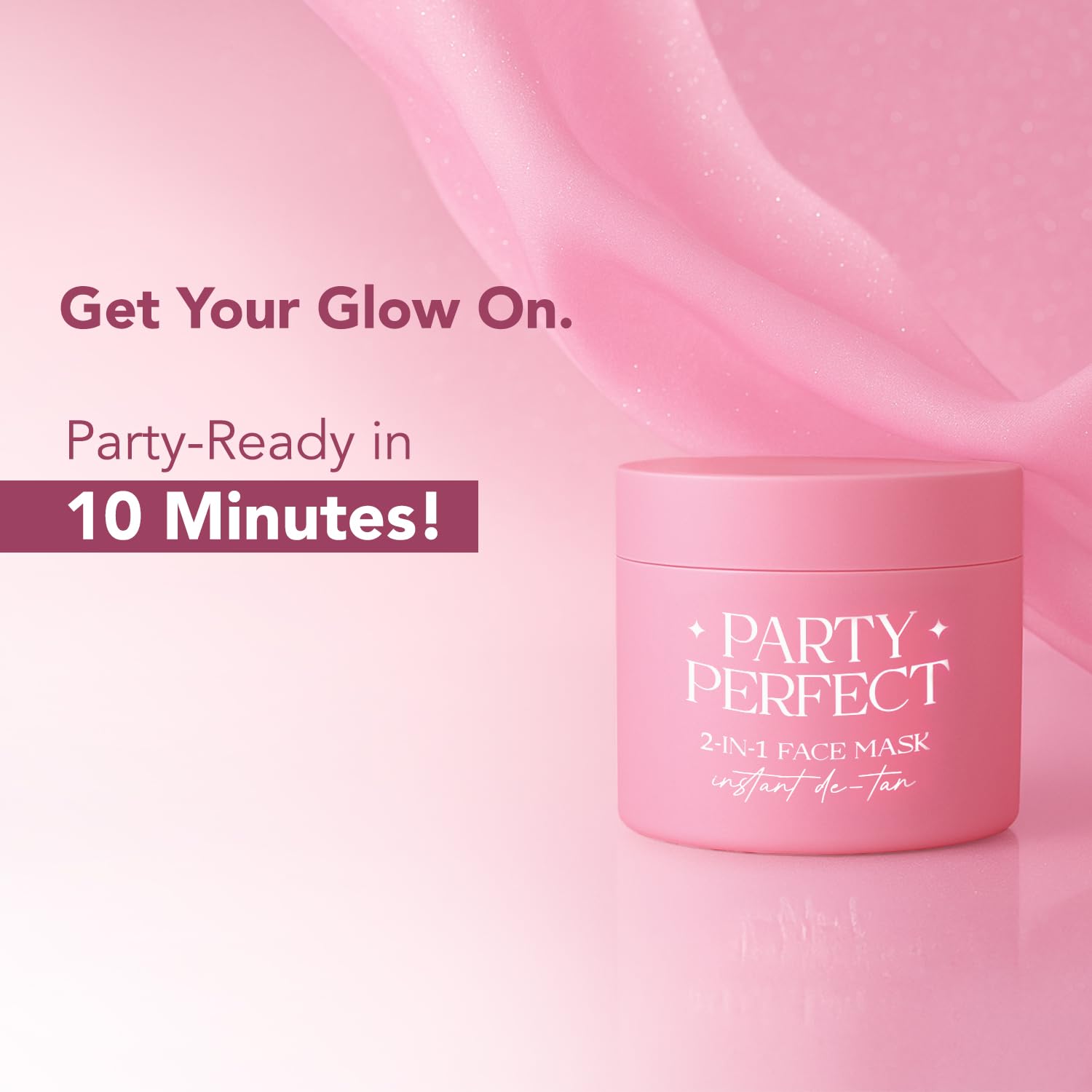 Pink face mask jar with 'Party Perfect' text on a pink background