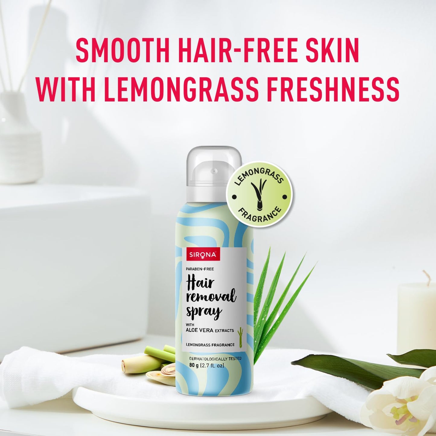 Sirona hair removal spray bottle with lemongrass fragrance on a white background