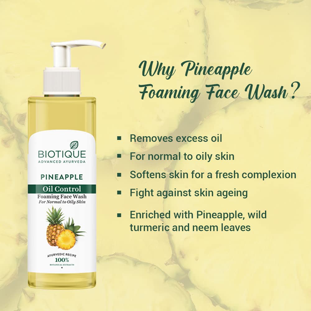 Biotique Pineapple Foaming Face Wash bottle with features listed on a yellow background