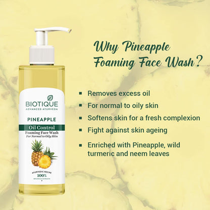 Biotique Pineapple Foaming Face Wash bottle with features listed on a yellow background