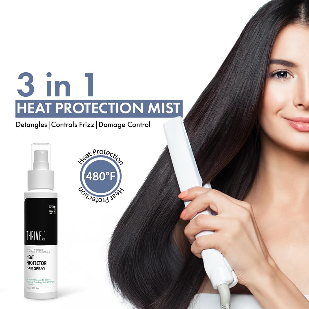 Woman using a hair straightener with a bottle of heat protection mist on a white background
