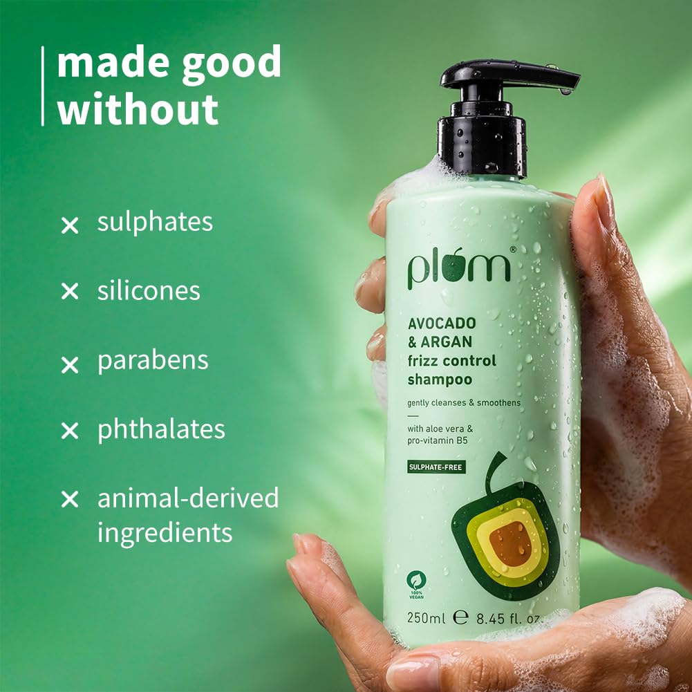 Plum Avocado & Argan Frizz Control Shampoo | for Curly, Wavy & Frizzy Hair | Sulphate & Parabens Free | with Aloe Vera Extract | Reduces Frizz, Retains Moisture & Conditions Strands | 250ml