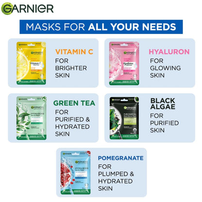 Garnier facial masks with various benefits on a white background