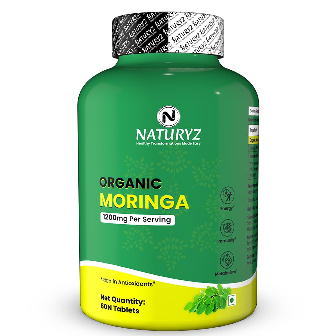 Green bottle of Naturezy Organic Moringa supplement on a white background