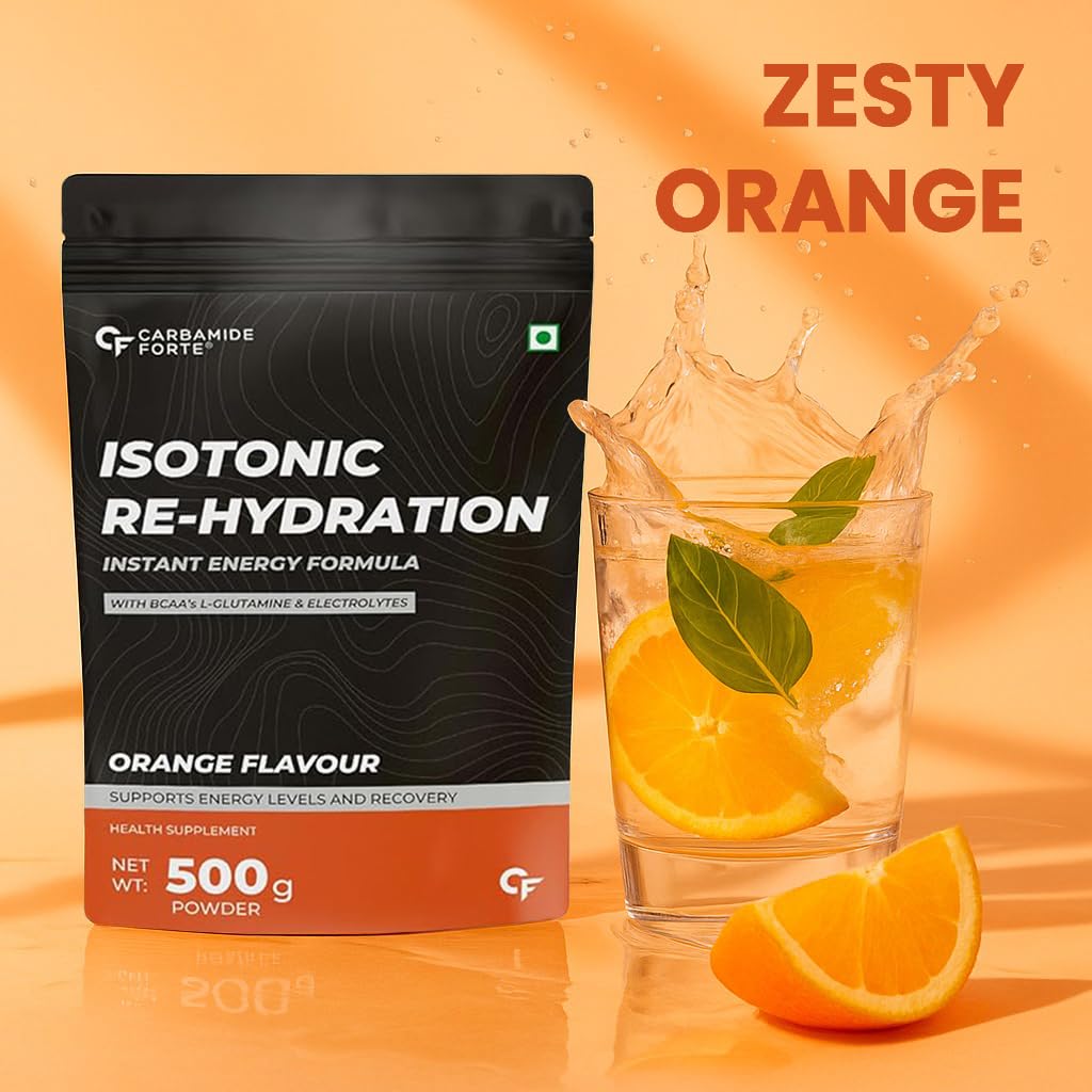 Carbamide Forte Isotonic Powder | Pre Workout Supplement For Men And Women| Instant Energy Drink for PreWorkout | Electrolytes Powder with added BCAA & L Glutamine - Orange Flavour - 500g (Pack of 1)
