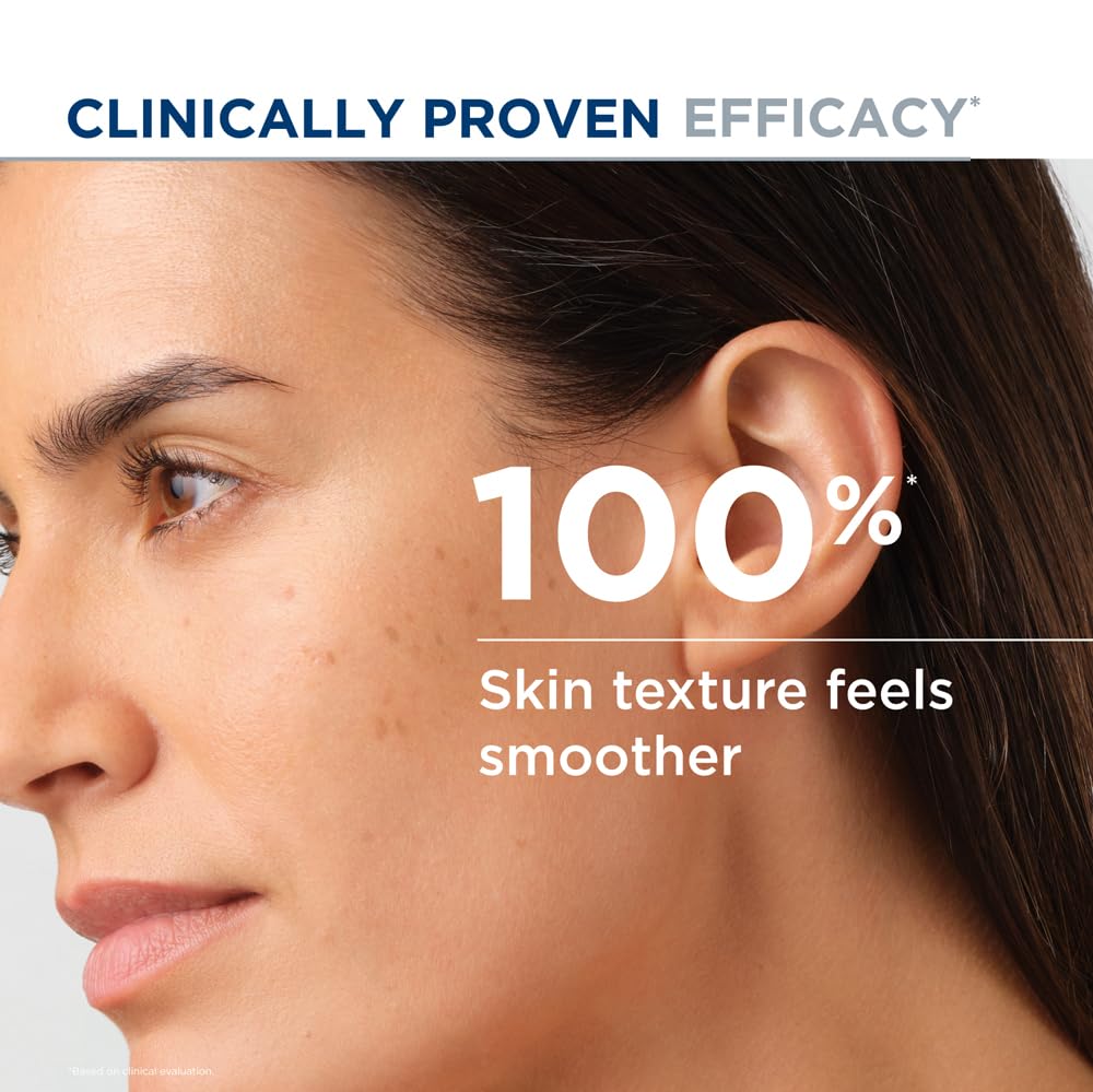 Close-up of a woman's face with text indicating clinically proven efficacy and skin texture improvement.