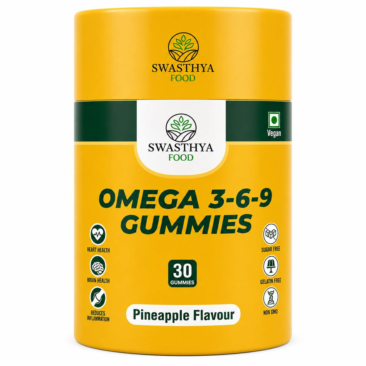 SWASTHYA AATA Omega 3-6-9 Gummies Sugar Free Vegan & Gelatin Free Chewable Flaxseed Oil Supplement For Adults Plant Based Vitality Heart & Brain Daily Nutrition Support Pineapple Flavour