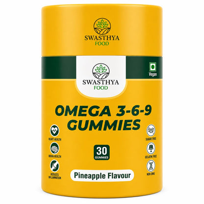 SWASTHYA AATA Omega 3-6-9 Gummies Sugar Free Vegan & Gelatin Free Chewable Flaxseed Oil Supplement For Adults Plant Based Vitality Heart & Brain Daily Nutrition Support Pineapple Flavour