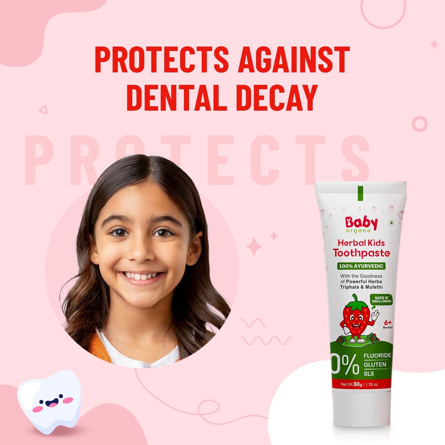 BabyOrgano Ayurvedic Baby Toothpaste for Kids 6+ Months | With Babool, Khadir, Mulethi & Neem | Fluoride-Free, SLS-Free | Safe to Swallow | Supports Strong Teeth & Gums | Strawberry Flavour | 50g (Pack of 1)