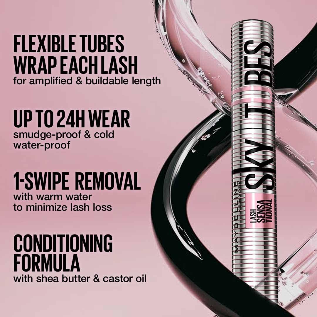 Maybelline Lash Sensational Sky Tubes Tubing Mascara, Very Black | Extension-Like Length, Conditioning with Shea Butter + Castor Oil, 7ml