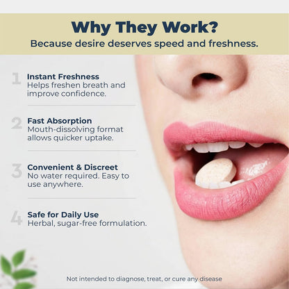 Product advertisement with text on instant freshness, fast absorption, convenience, and safety of a mouth freshener.