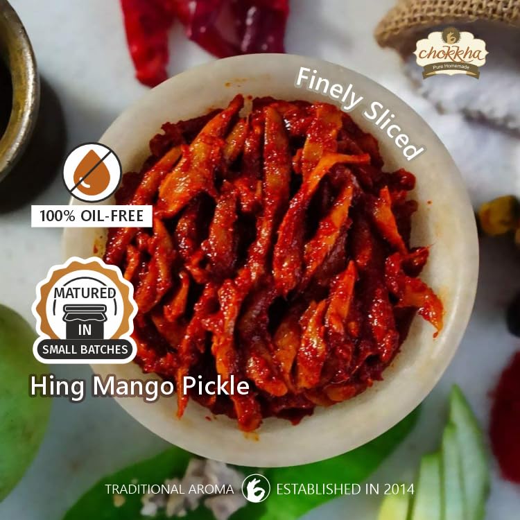 Chokkha Traditional Homemade Hing Mango Pickle | Hing aam ka achar | Good for Digestion | 100% Oil-Free Pickle | Handcut | Sun Dried | No Artificial Colors | No Vinegar or Tatri | 400 Gm