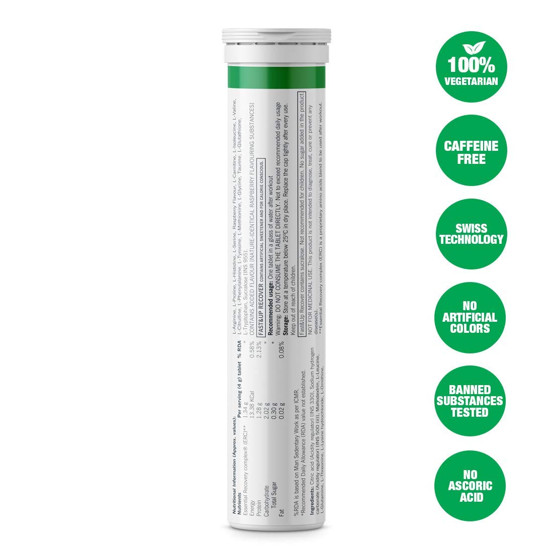Supplement tube with green certification labels on a white background