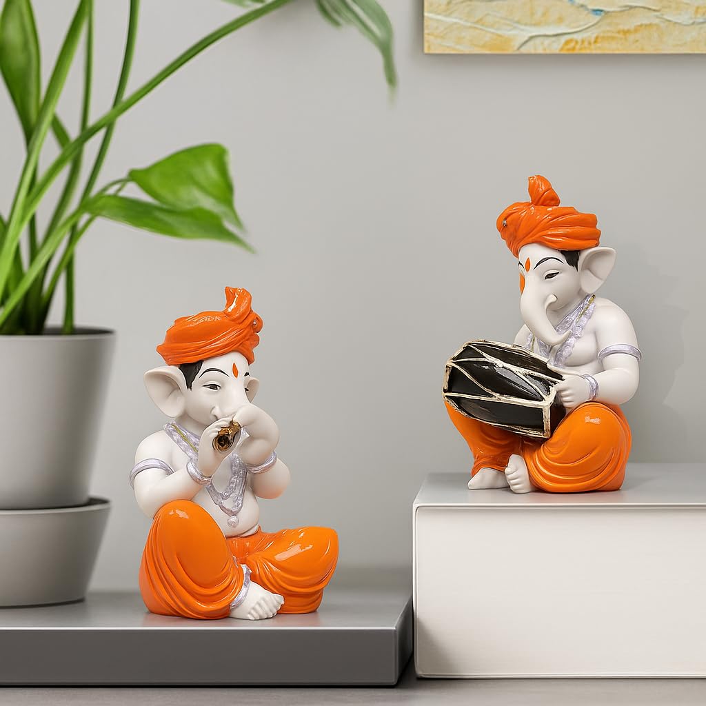 Xtore Musical Ganesha Pair for Home Decor Handicraft Resin| Brings Prosperity - (Orange and White, Pack of 2)(Resin)