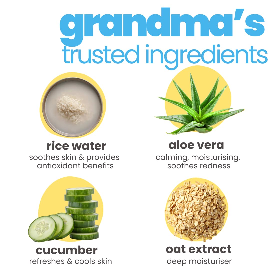 Illustration of 'grandma's trusted ingredients' with rice water, aloe vera, cucumber, and oat extract on a white background.