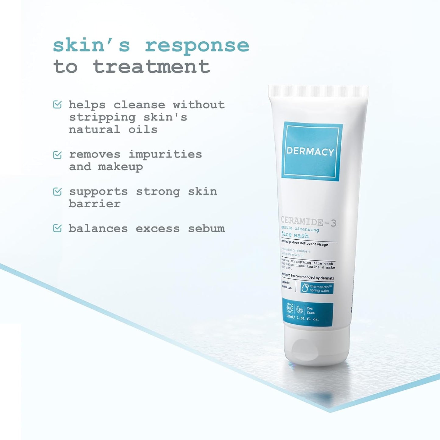Dermacy Ceramide - 3 Gentle Cleansing Face Wash | Barrier - Strengthening Face Wash That Helps Rinse Toxins & Make Skin Soft | 3 - Essential Ceramides + 2.5% Hyaluronic Acid Complex + ThermoActiv Spring Water|For Sensitive Skin|100ml