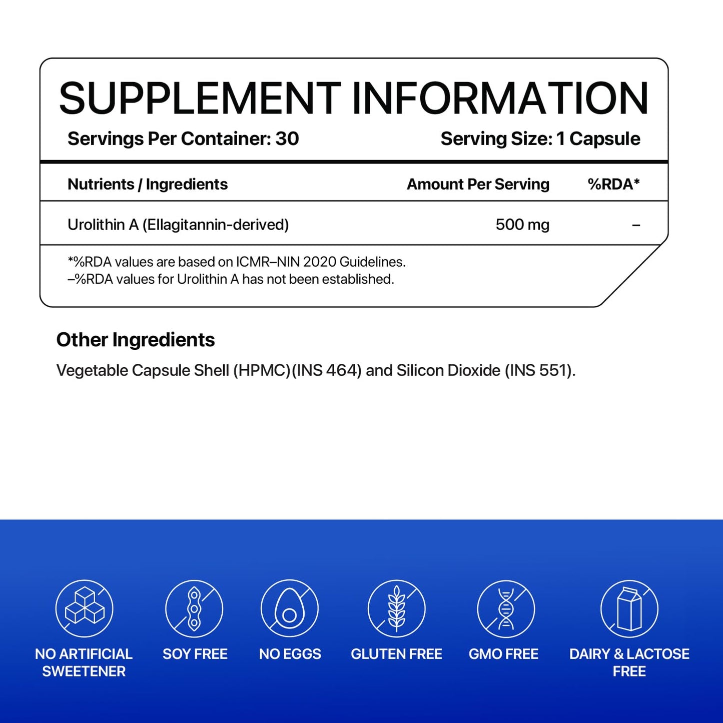 Supplement information label with Urolithin A content and ingredient details on a white background.