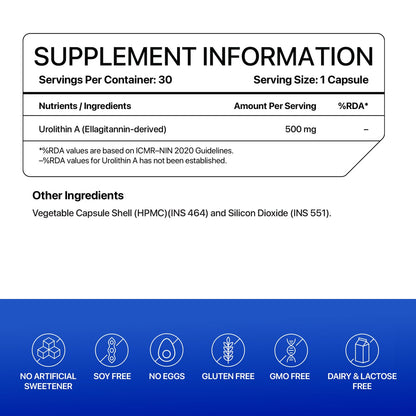 Supplement information label with Urolithin A content and ingredient details on a white background.