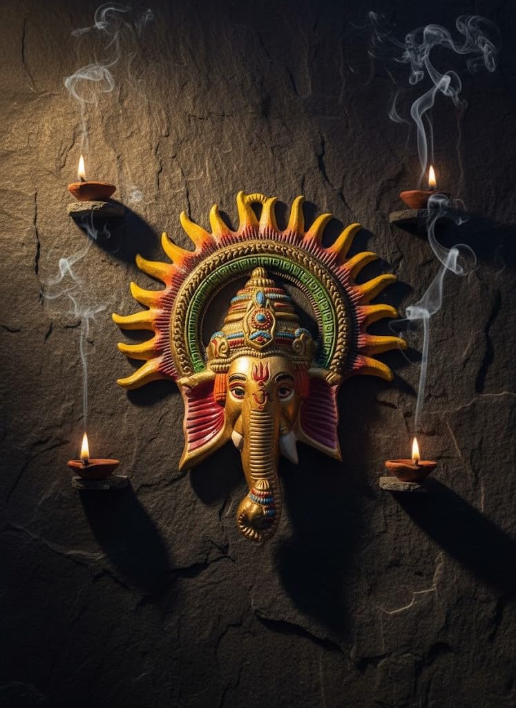Traditional Handcrafted Ganesha Wall Decor, Metal Elephant God Sculpture with Sunburst Design, Gold and Multicolor, Religious Hindu Art