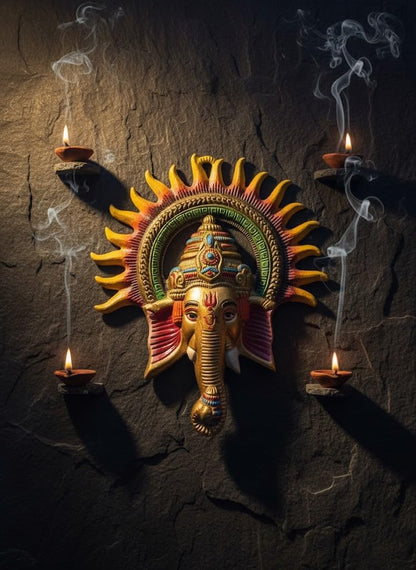 Traditional Handcrafted Ganesha Wall Decor, Metal Elephant God Sculpture with Sunburst Design, Gold and Multicolor, Religious Hindu Art