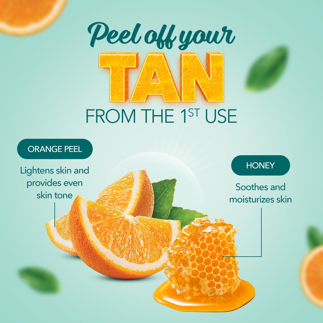 Advertisement for a skin lightening product with oranges and honey on a light blue background.