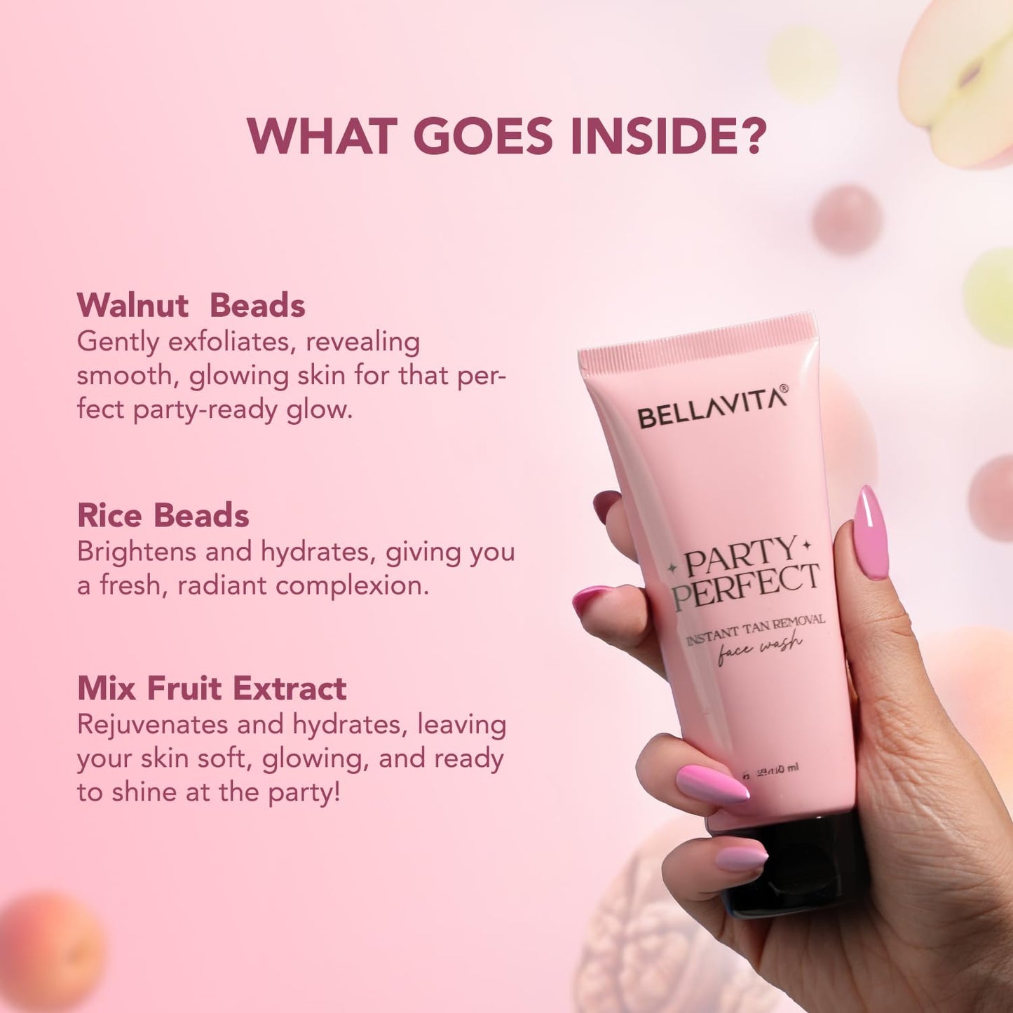 Bellavita 'Party Perfect' face wash with ingredients listed on a pink background