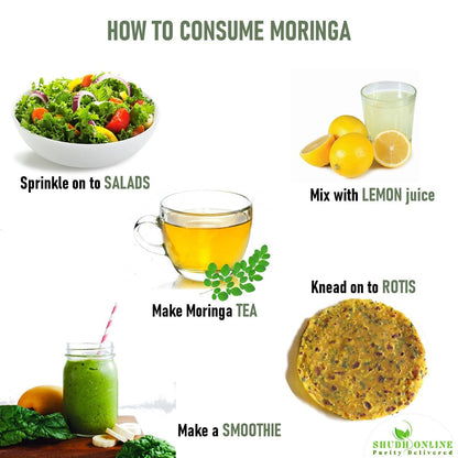 Infographic on how to consume moringa with images and text.