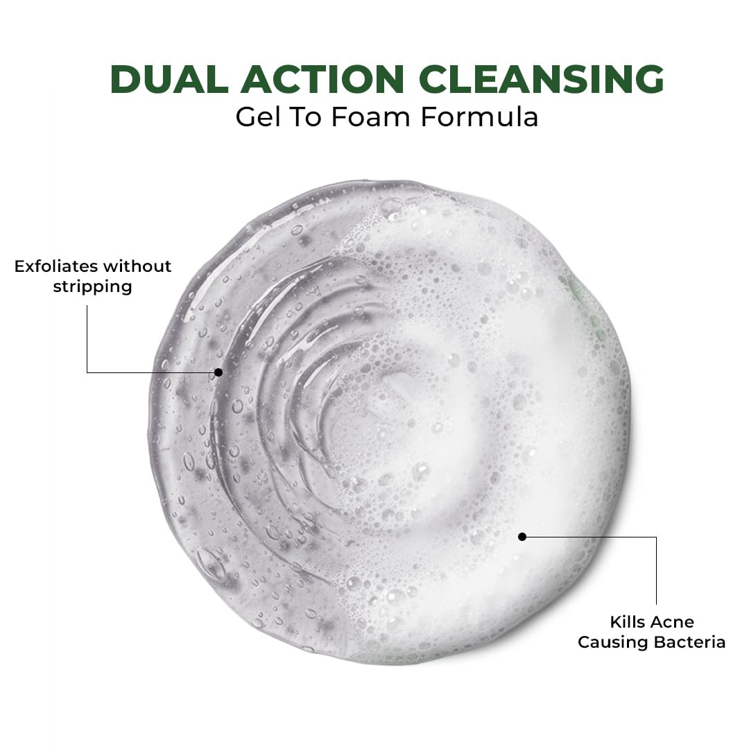 Clear gel foam with text highlighting dual action cleansing properties on a white background