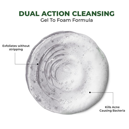 Clear gel foam with text highlighting dual action cleansing properties on a white background