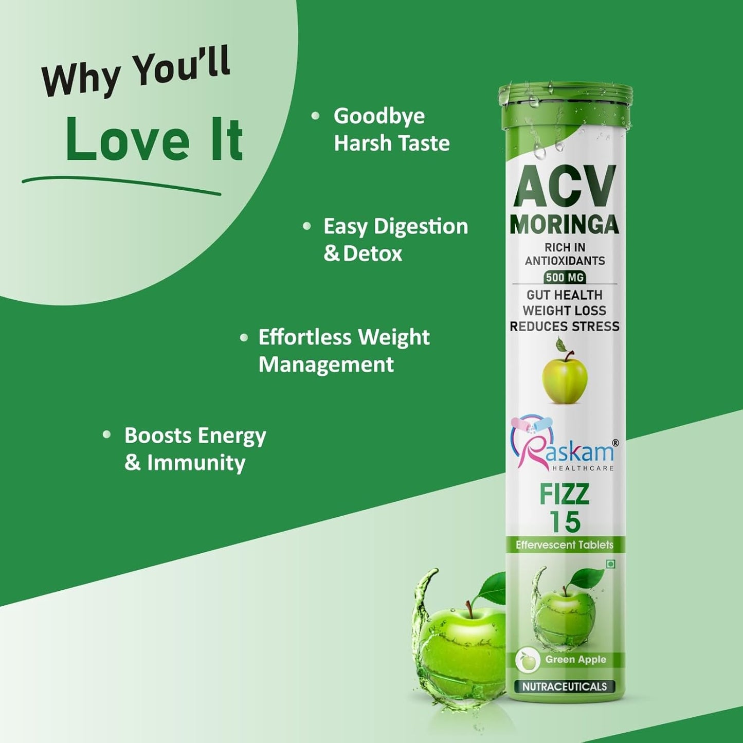 ACV Moringa Effervescent Tablets | Fizz 15 Tablets in Green Apple Flavor, 500mg| Natural Energy & Immunity Booster with Antioxidants to Control Cravings (Pack of 1)