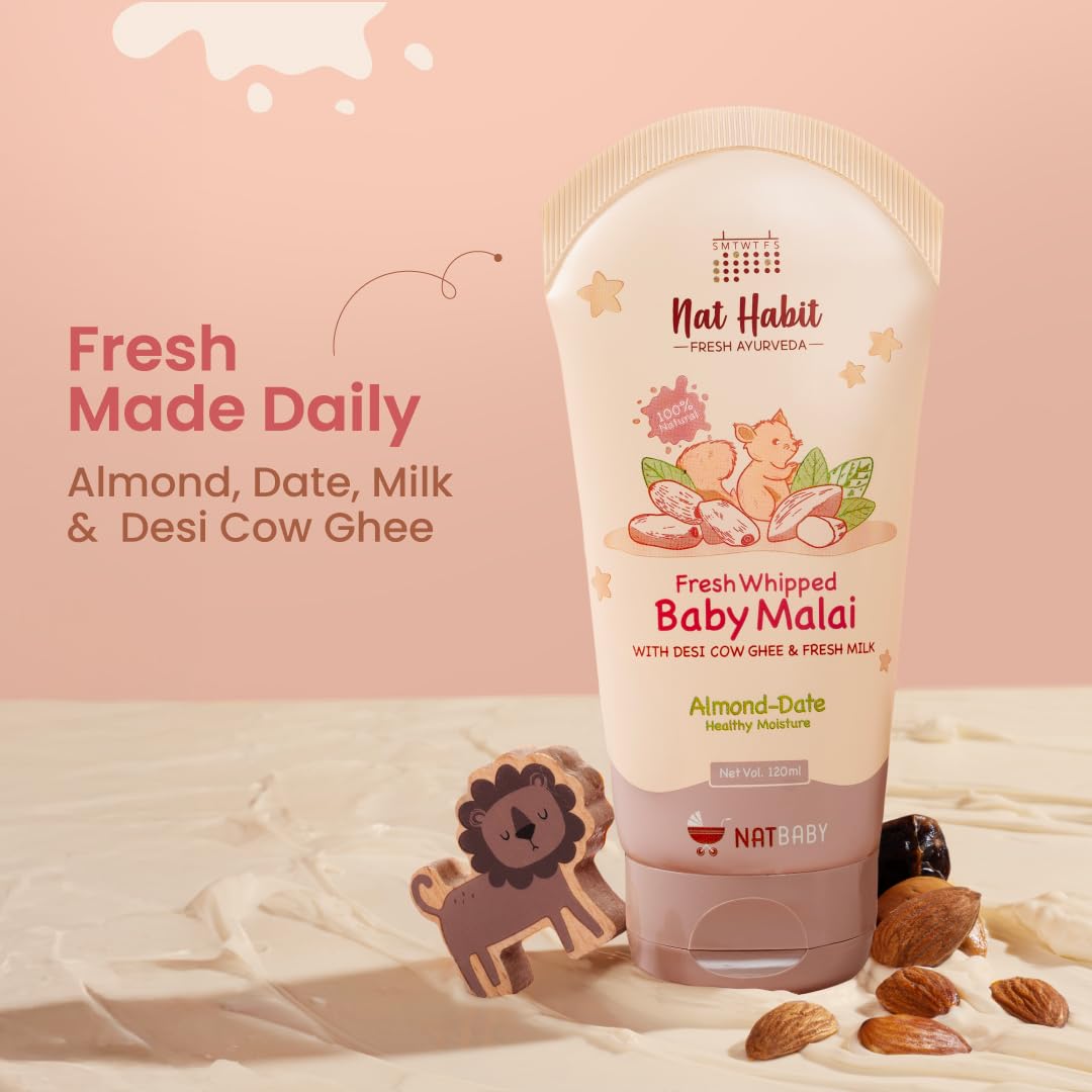 Nat Habit Baby Malai |Almond & Date| Baby Body Lotion & Moisturizer for Deep Nourishment & Skin Barrier Protection | 100% Natural, Chemical-Free Baby Cream | 120ml