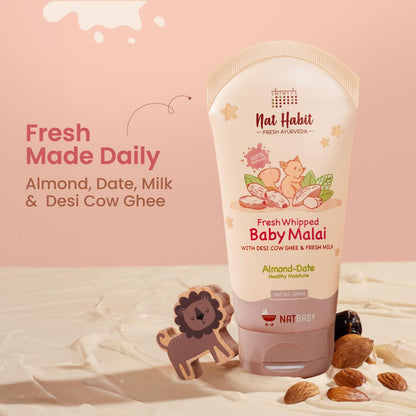 Nat Habit Baby Malai |Almond & Date| Baby Body Lotion & Moisturizer for Deep Nourishment & Skin Barrier Protection | 100% Natural, Chemical-Free Baby Cream | 120ml