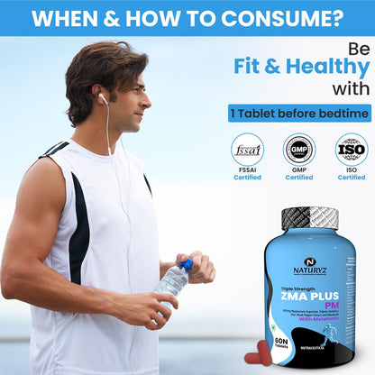 Man holding a water bottle with a supplement bottle labeled 'Naturyz ZMA Plus PM' on a light blue background.