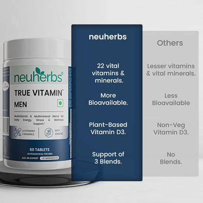 Neuherbs Multivitamin Tablets for Men 60 Count |True Vitamin Men Multivitamin with Ginseng Vitamin C B12 D MagnesiumIron & Zinc | Supports Sports PerformanceEnergy Immunity Stamina & Heart Health
