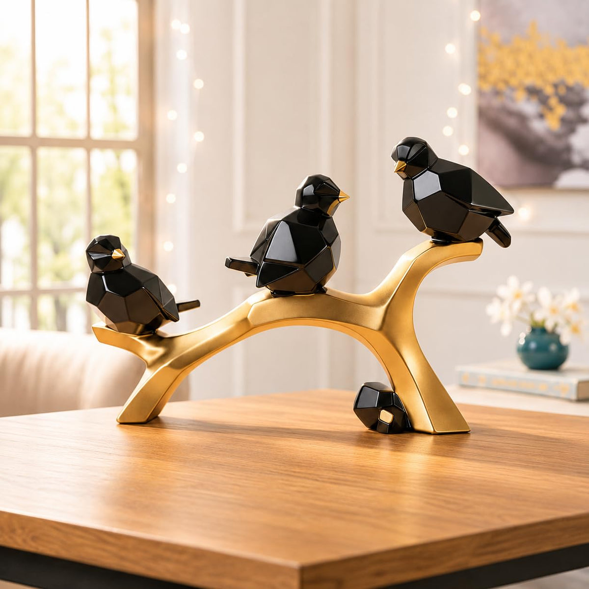 Artistic Geometric Bird Figurine on Branch for Home & Office Décor | Contemporary Black & Gold Sculptural Showpiece for Living Room, Shelf & Console Styling (29.5 cm)