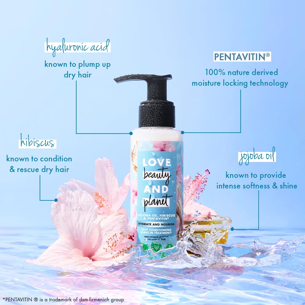 Love Beauty and Planet hair care product with ingredients highlighted on a blue background