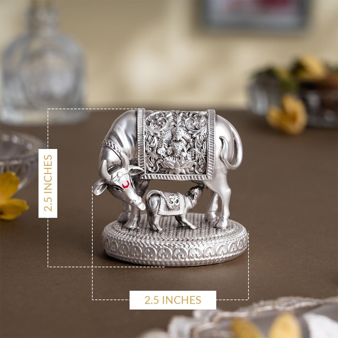 Svastika 999 Silver Plated Kamdhenu Cow with Calf Idol | 2.5 Inch Kamadhenu Gomatha Vastu Showpiece | Kaamdhenu Idol for Puja | Anniversary Wedding Housewarming Gift